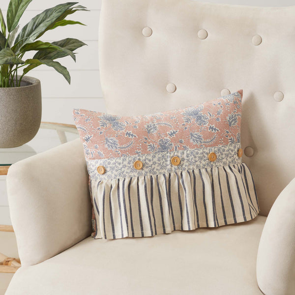 Create a dreamy fairytale cottage theme in your home with the Kaila Ruffled Pillow 14x18. Beautifully showcasing a dusty rose and navy floral backdrop embellished with a graceful ruffle covered in classic vintage stipes. Visit website for FREE s/h & discount offers.