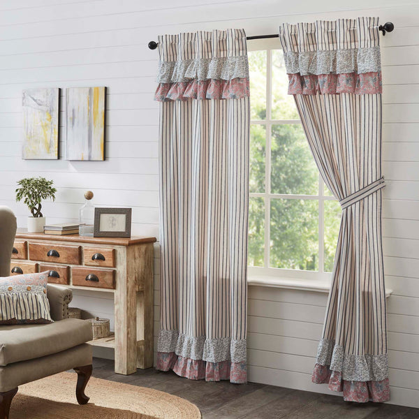 Kaila Blue Ruffled Panel Set of 2 84x40. This navy and creme stripe curtain set is beautifully decorated with graceful floral print ruffles towards the top that add rustic romance and heartwarming, cozy cottage vibes. Visit website for FREE s/h & discount offers.