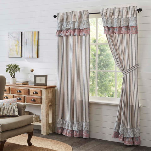 Kaila Blue Ruffled Panel Set of 2 84x40. This navy and creme stripe curtain set is beautifully decorated with graceful floral print ruffles towards the top that add rustic romance and heartwarming, cozy cottage vibes. Visit website for FREE s/h & discount offers.