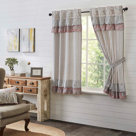 Kaila Blue Ruffled Short Panel Set of 2 63x36. This navy and creme stripe curtain set is beautifully decorated with graceful floral print ruffles towards the top that add rustic romance and heartwarming, cozy cottage vibes. Visit website for FREE s/h & discount offers.