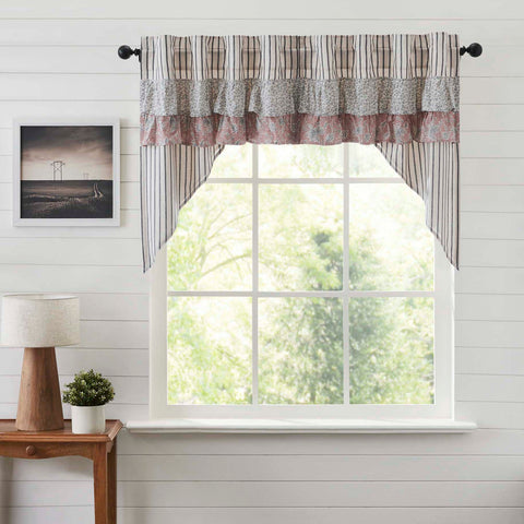 Kaila Blue Ruffled Swag Set of 2 36x36x16. This navy and creme stripe curtain set is beautifully decorated with graceful floral print ruffles towards the top that add rustic romance and heartwarming, cozy cottage vibes. Visit website for FREE s/h & discount offers.