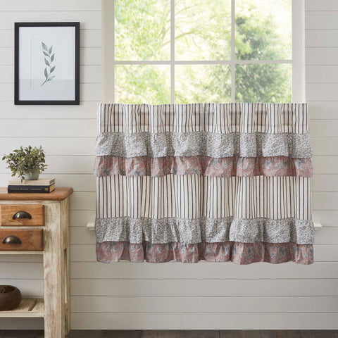 Kaila Blue Ruffled Tier Set of 2 36Lx36W. This navy and creme stripe curtain set is beautifully decorated with graceful floral print ruffles towards the top that add rustic romance and heartwarming, cozy cottage vibes. Visit website for FREE s/h & discount offers.