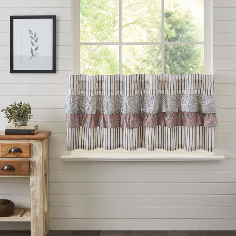 Kaila Blue Ruffled Tier Set of 2 24Lx36W. This navy and creme stripe curtain set is beautifully decorated with graceful floral print ruffles towards the top that add rustic romance and heartwarming, cozy cottage vibes. Visit website for FREE s/h & discount offers.