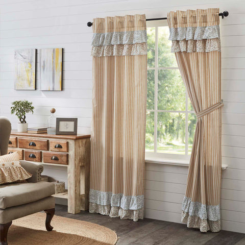 Kaila Gold Ticking Ruffled Panel Set of 2 84x40. This gold and creme stripe curtain set is beautifully decorated with graceful floral print ruffles towards the top that add rustic romance and heartwarming, cozy cottage vibes. Visit website for FREE s/h & discount offers.