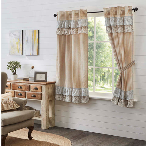 Kaila Gold Ticking Ruffled Short Panel Set of 2 63Lx36W. This gold and creme stripe curtain set is beautifully decorated with graceful floral print ruffles towards the top that add rustic romance and heartwarming, cozy cottage vibes. Visit website for FREE s/h & discount offers.