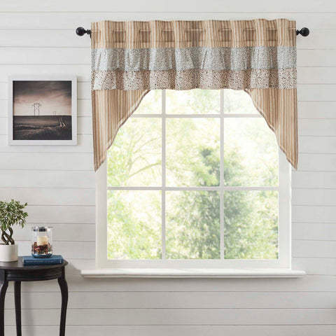 Kaila Gold Ticking Ruffled Swag Set 36x36x16. This gold and creme stripe curtain set is beautifully decorated with graceful floral print ruffles towards the top that add rustic romance and heartwarming, cozy cottage vibes. Visit website for FREE s/h & discount offers.