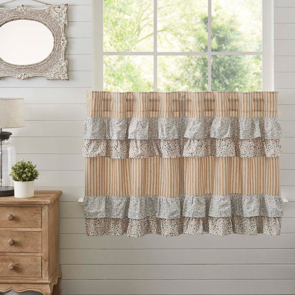 Kaila Gold Ticking Ruffled Tier Set 36Lx36W. This gold and creme stripe curtain set is beautifully decorated. with graceful floral print ruffles towards the top that add rustic romance and heartwarming, cozy cottage vibes. Visit website for FREE s/h & discount offers.