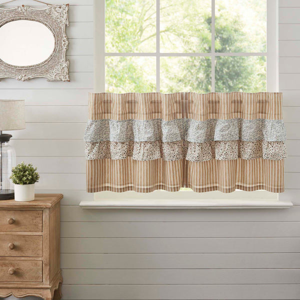 Kaila Gold Ticking Ruffled Tier Set 24Lx36W. This gold and creme stripe curtain set is beautifully decorated. with graceful floral print ruffles towards the top that add rustic romance and heartwarming, cozy cottage vibes. Visit website for FREE s/h & discount offers.