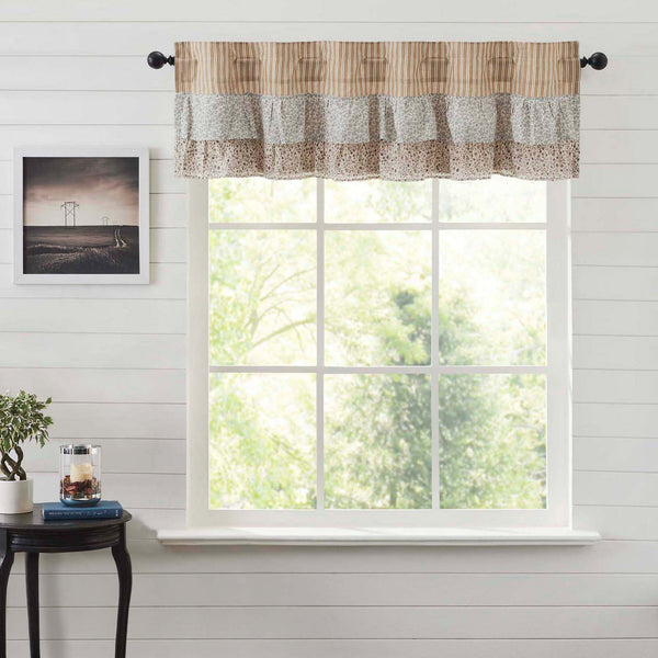 Kaila Gold Ticking Ruffled Valance 16x60. This gold and creme stripe curtain is beautifully decorated with graceful floral print ruffles towards the top that add rustic romance and heartwarming, cozy cottage vibes. Visit website for FREE s/h & discount offers.