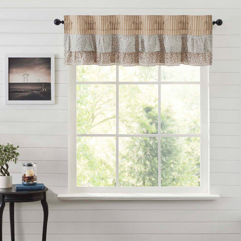 Kaila Gold Ticking Ruffled Valance 16x60. This gold and creme stripe curtain is beautifully decorated with graceful floral print ruffles towards the top that add rustic romance and heartwarming, cozy cottage vibes. Visit website for FREE s/h & discount offers.