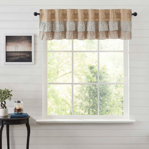 Kaila Gold Ticking Ruffled Valance 16x72. This gold and creme stripe curtain is beautifully decorated with graceful floral print ruffles towards the top that add rustic romance and heartwarming, cozy cottage vibes. Visit website for FREE s/h & discount offers.