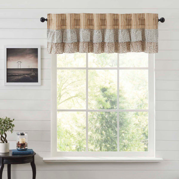 Kaila Gold Ticking Ruffled Valance 16x90. This gold and creme stripe curtain is beautifully decorated with graceful floral print ruffles towards the top that add rustic romance and heartwarming, cozy cottage vibes. Visit website for fREE s/h & discount offers.