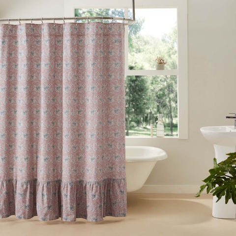 Create a cozy and romantic cottage feel with our Kaila Floral Shower Curtain 72x72. Beautifully decorated with unique vintage floral design in dusty rose, navy, and creme, and embellished with a graceful ruffle towards the bottom for added dimension and charm. Visit website for FREE s/h & discount offers.