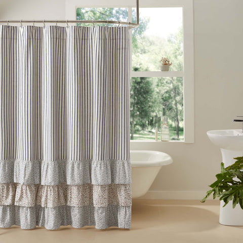 Transform your vintage farmhouse bath with our Kaila Ticking Stripe Ruffled Shower Curtain 72x72. Beautifully decorated with classic ticking stripes in navy and creme, and embellished with a graceful ruffle towards the bottom for added dimension and charm. Visit website for FREE s/h & discount offers.