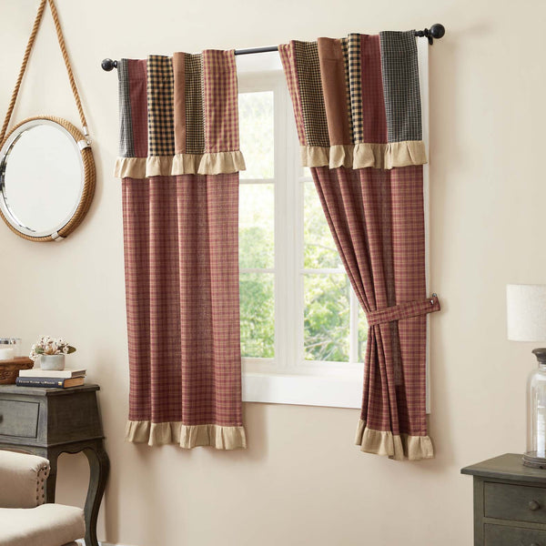 Maisie Short Panel with Attached Patch Valance Set 63x36m burgundy, natural, and country black patchwork, delicately finished with a cotton burlap ruffled edge that matches the panels for added country charm. Each Panel is dressed in burgundy and natural tan plaid. Visit website for FREE s/h & discount offers.