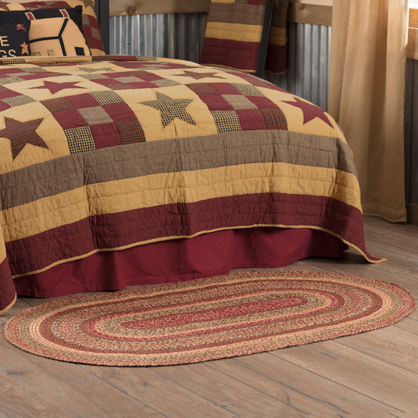 Cider Mill Jute Rug Oval. Featuring concentric, mixed braids of burgundy, tan, black, and olive green for a classic country, primitive look. Visit website for FREE s/h & discount offers.