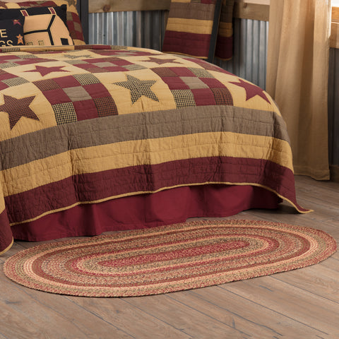 Cider Mill Jute Rug Oval. Featuring concentric, mixed braids of burgundy, tan, black, and olive green for a classic country, primitive look. Visit website for FREE s/h & discount offers.