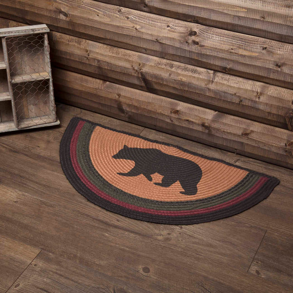 Wyatt Bear Jute Rug with this iconic bear stenciled in the center over solid dark tan, this 16.5" x 33" half circle rug adds an enduring, rustic touch to any decor. Concentric braids of black, crimson, and army green. Visit website for FREE s/h & discount offers. Primitive Country Farmhouse Home Decor.