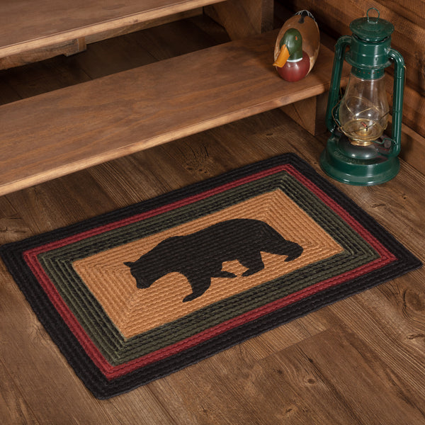 Wyatt Bear Jute Rug, with this iconic bear stenciled in the center over solid dark tan, this 20" x 30" rectangular rug adds an enduring, rustic touch to any decor. Concentric braids of black, crimson, and army green. Visit website for FREE s/h & discount offers. Primitive Country Farmhouse Home Decor.
