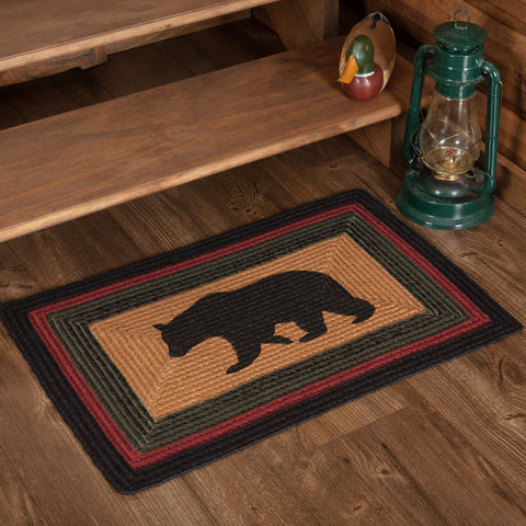 Wyatt Bear Jute Rug, with this iconic bear stenciled in the center over solid dark tan, this 20" x 30" rectangular rug adds an enduring, rustic touch to any decor. Concentric braids of black, crimson, and army green. Visit website for FREE s/h & discount offers. Primitive Country Farmhouse Home Decor.
