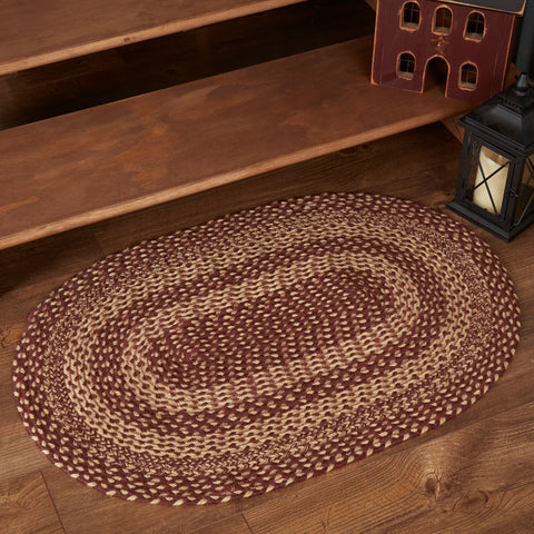 Burgundy Tan Primitive Jute Rug warms a space with natural texture and traditional design. The alternating braids of burgundy and tan delight the eyes and add a decorative touch for primitive, traditional country, and Americana looks. Visit website for FREE s/h & discount offers.