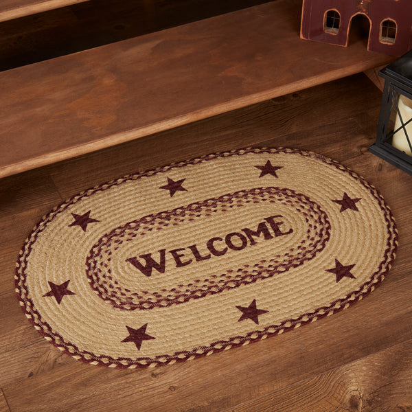 Burgundy Tan Jute Oval Welcome Rug, the stenciled word "welcome" brings an inviting atmosphere to your home. The tan and burgundy colors and quality jute add a decorative touch perfect for your primitive, traditional country, and Americana home. Visit website for FREE s/h & discount offers.