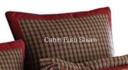 Cabin Basic Fabric Euro Sham features patchwork tan, red, green, and blue tattersall plaid with garnet trim. Log Cabin Rustic Lodge Moutain Bedding Home Decor.
