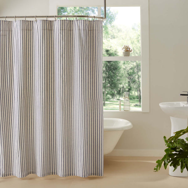 Transform your vintage farmhouse bath with our Kaila Ticking Stripe Shower Curtain 72x72. Beautifully decorated with classic ticking stripes in navy and creme.  Visit website for FREE s/h & discount offers.