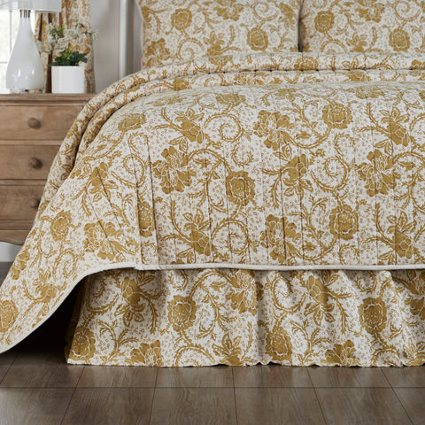 Dorset Gold King Bedskirt 78x80x16 completes the look of your country chic bedding with a deep gold floral print in an elegant, vintage-inspired pattern set on a neutral cream background.