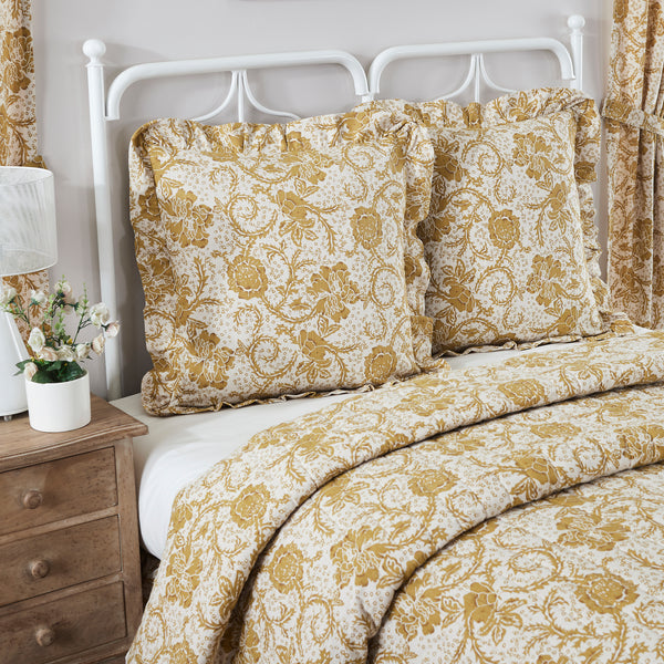 Dorset Gold Floral Fabric Euro Sham. This 26x26 pillow cover features rich and beautiful golden tan and white in a bold floral print for a warm and comfortable country feel. 
