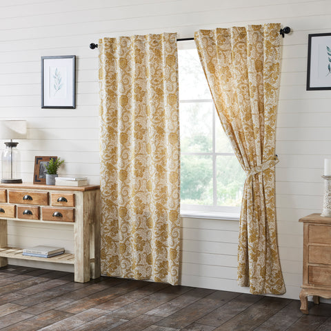 The 84x40 Dorset Gold Floral Panel Set of 2 features a textured weave with a soft creme base and warm gold floral. 