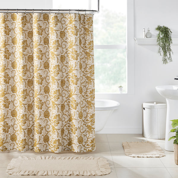 72x72 Dorset Gold Floral Shower Curtain, Our shower curtain is designed with a straight edge, buttonholes, and a slub weave technique with beautiful natural creme, mustard gold, and golden brown hues. 