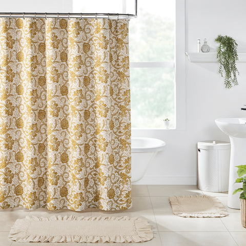 72x72 Dorset Gold Floral Shower Curtain, Our shower curtain is designed with a straight edge, buttonholes, and a slub weave technique with beautiful natural creme, mustard gold, and golden brown hues. 