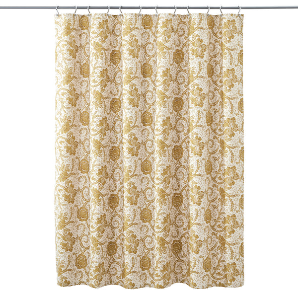 72x72 Dorset Gold Floral Shower Curtain, Our shower curtain is designed with a straight edge, buttonholes, and a slub weave technique with beautiful natural creme, mustard gold, and golden brown hues. 