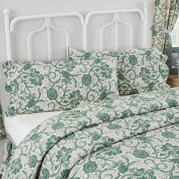 Dorset Green Floral Ruffled King Pillow Case Set of 2 21x36+4 Natural Creme, Dark Basil, Evergreen