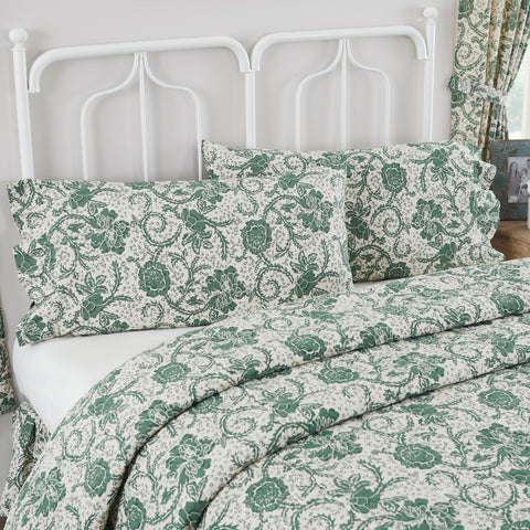 Dorset Green Floral Ruffled King Pillow Case Set of 2 21x36+4 Natural Creme, Dark Basil, Evergreen