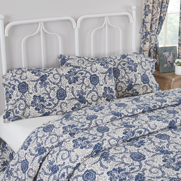 Dorset Navy Floral Ruffled King Pillow Case Set of 2 21x36 Natural Creme, Royal Blue, Navy