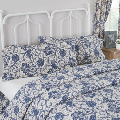 Dorset Navy Floral Ruffled King Pillow Case Set of 2 21x36 Natural Creme, Royal Blue, Navy
