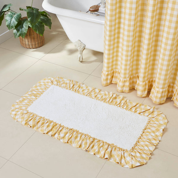 Annie Yellow Shower, BathmatsThe Annie Buffalo Check Yellow Bath Mat 27x48 features a solid white core in premium, ultra absorbent cotton. It is trimmed with a ruffled ticking stripe fabric in checked fabric in bold yellow and white.
