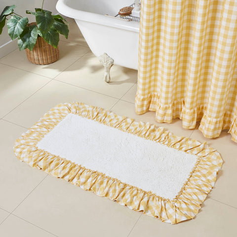 Annie Yellow Shower, BathmatsThe Annie Buffalo Check Yellow Bath Mat 27x48 features a solid white core in premium, ultra absorbent cotton. It is trimmed with a ruffled ticking stripe fabric in checked fabric in bold yellow and white.
