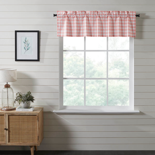 Annie Coral Window, Valance, Valances Create a clean, modern farmhouse look with our Annie Buffalo Coral Check Valance. The charming 16x60 inch valance features coral and white checkered plaid in a textured, woven fabric made with 100% cotton. The straight-edged curtain creates a perfect modern farmhouse look. Rod pockets are included for easy hanging.