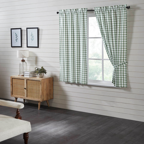 Annie Green Window, Curtain PanelAnnie Buffalo Green Check Short Panel Set. The charming 63 x 36 inch curtains feature charming sage green and white checkered plaid in a textured, woven fabric made with 100% cotton. 