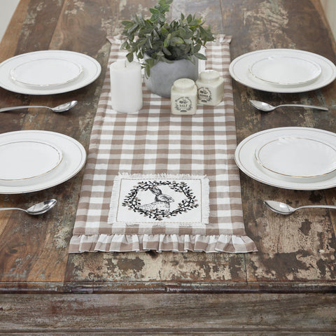 Annie Portabella Table, Runners, Easter Décor, Spring The Annie Buffalo Portabella Check Vintage Hare Table Runner measures 12x36 inches to add Spring style to your small accent or coffee tables. 