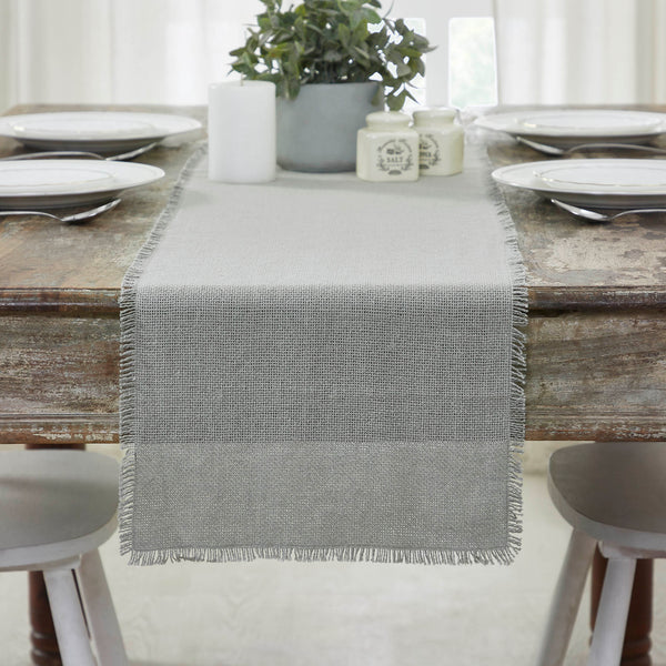 Burlap Dove Grey Table, Runners features A soft grey burlap adds a cool, modern style with rustic texture.
