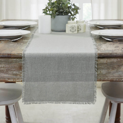 Burlap Dove Grey Table, Runners features A soft grey burlap adds a cool, modern style with rustic texture.