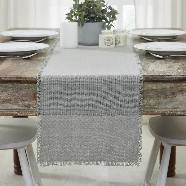 Burlap Dove Grey Table, Runners features A soft grey burlap adds a cool, modern style with rustic texture.