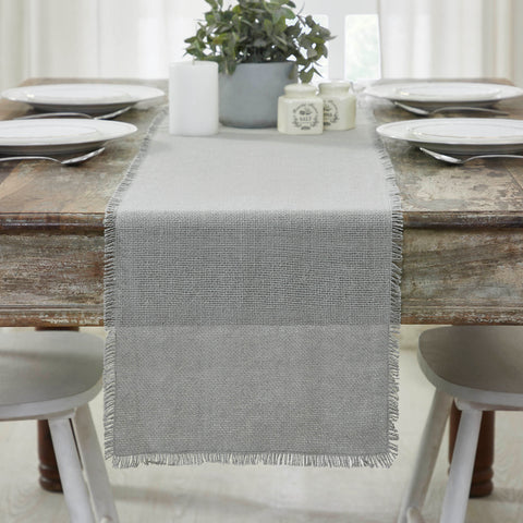 Burlap Dove Grey Table, Runners features A soft grey burlap adds a cool, modern style with rustic texture.