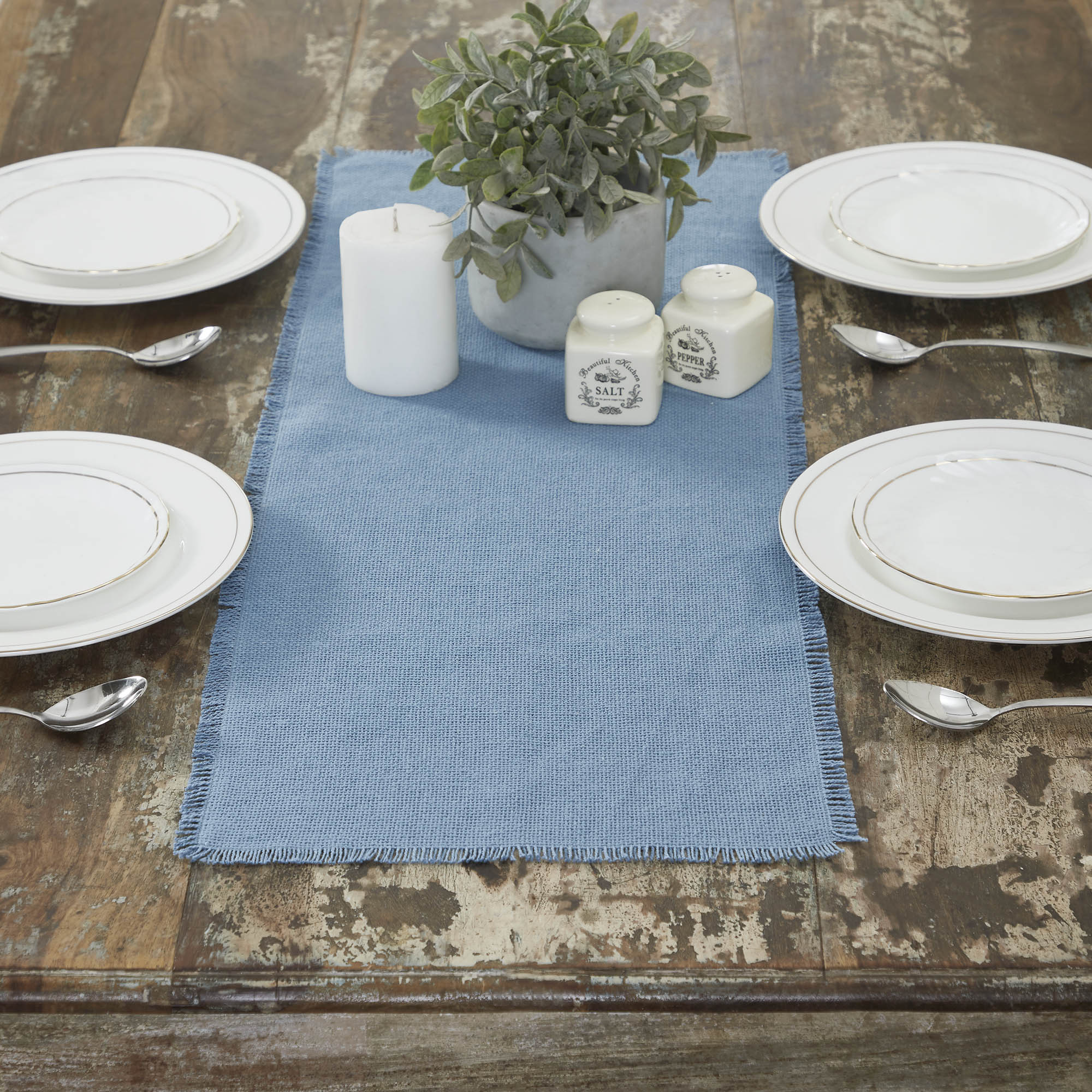 Burlap Blue Runner Fringed 12x36 Burlap Blue Runner Fringed 12x36
