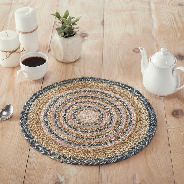 Kaila Jute Rugs, The Kaila Jute Trivet includes an individual circular trivet with a 15-inch diameter made from a premium Jute blend. The rich texture of braided jute is given a modern twist with dusk blue, misty rose and soft tan colors for a casual country boho style. 