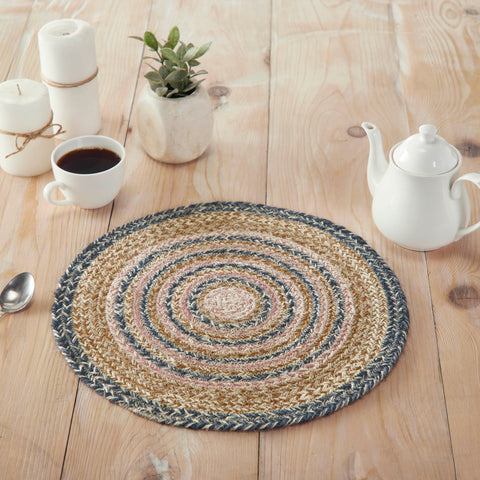 Kaila Jute Rugs, The Kaila Jute Trivet includes an individual circular trivet with a 15-inch diameter made from a premium Jute blend. The rich texture of braided jute is given a modern twist with dusk blue, misty rose and soft tan colors for a casual country boho style. 